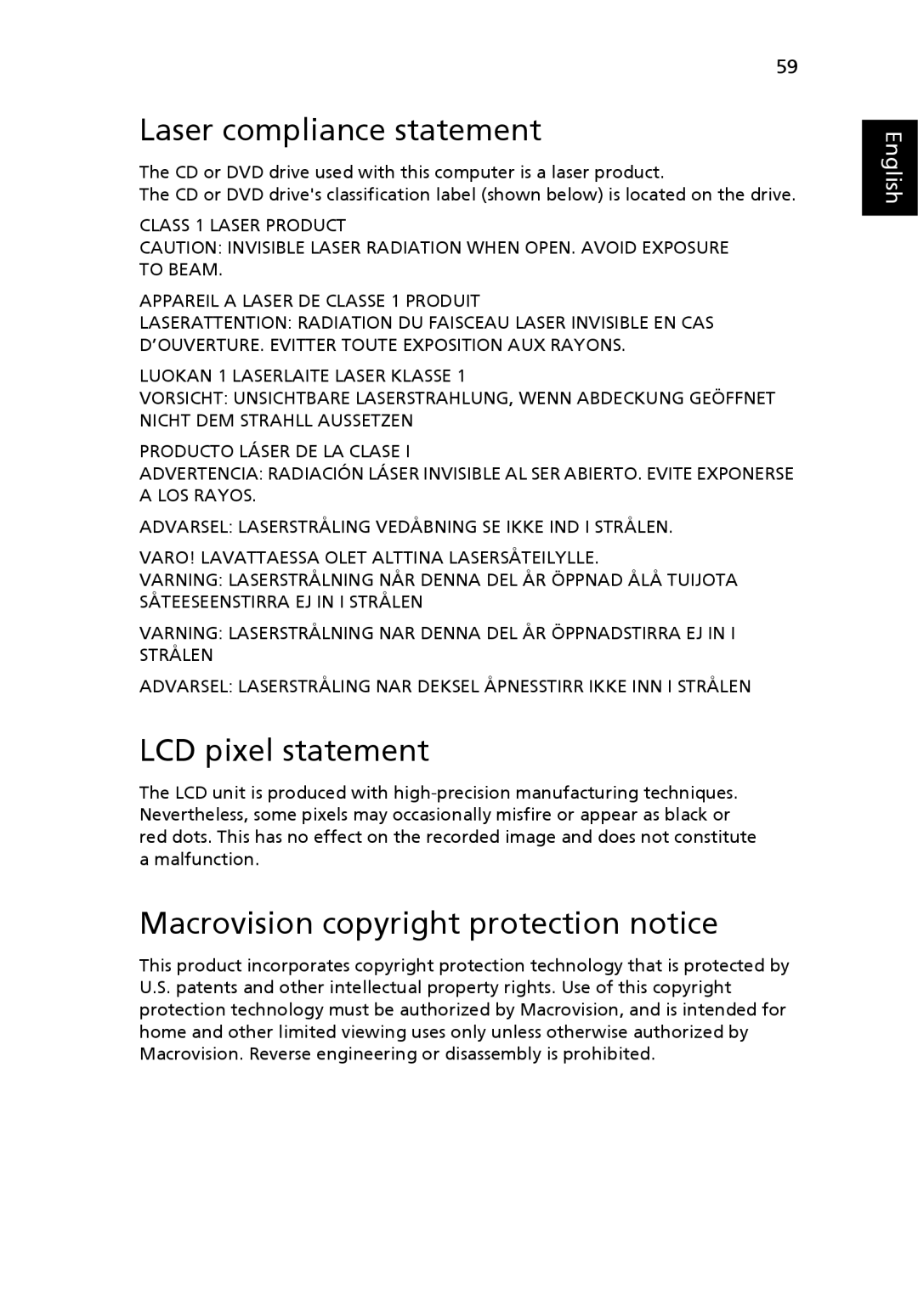 Acer 2450 manual Laser compliance statement, LCD pixel statement, Macrovision copyright protection notice 