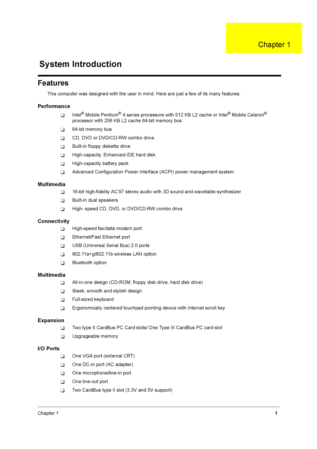 Acer 250 manual System Introduction, Features 