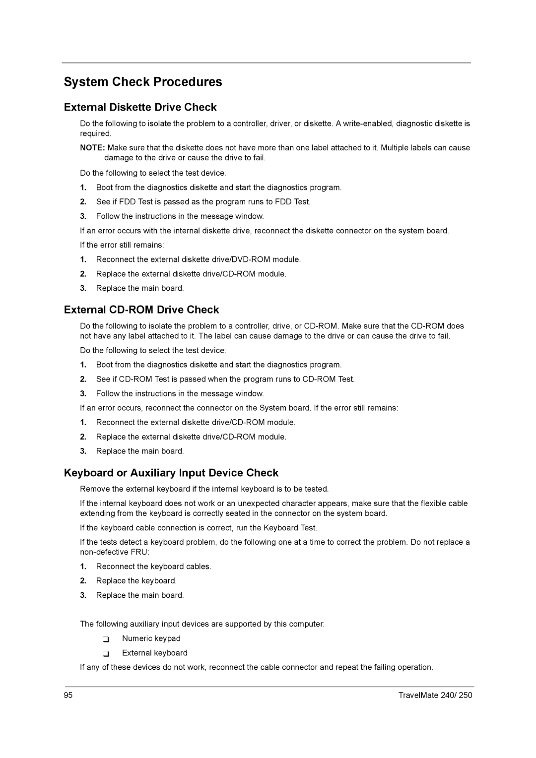 Acer 250 manual System Check Procedures, External Diskette Drive Check, External CD-ROM Drive Check 