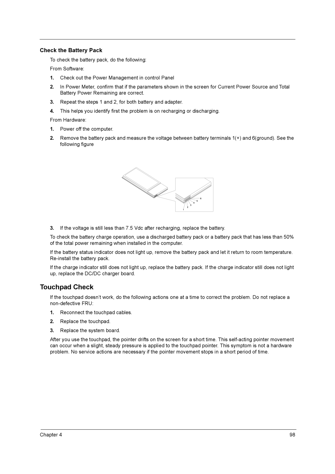 Acer 250 manual Touchpad Check, Check the Battery Pack 