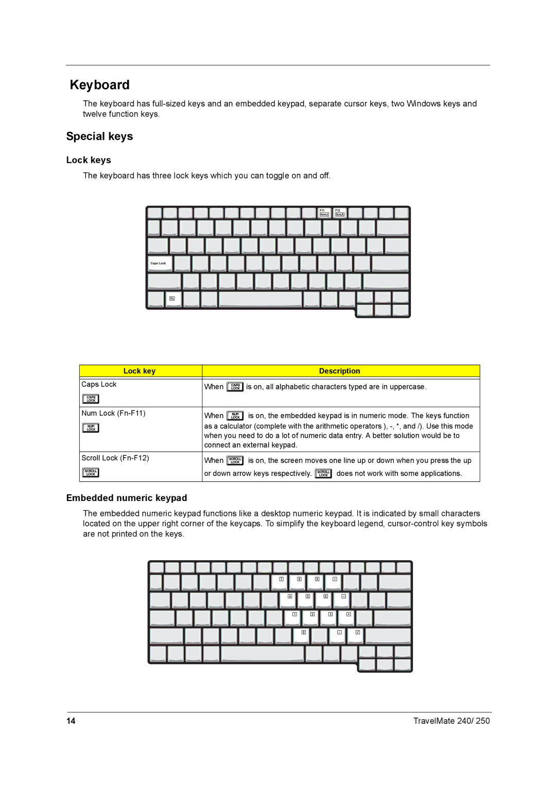 Acer 250 manual Keyboard, Special keys, Lock key Description 