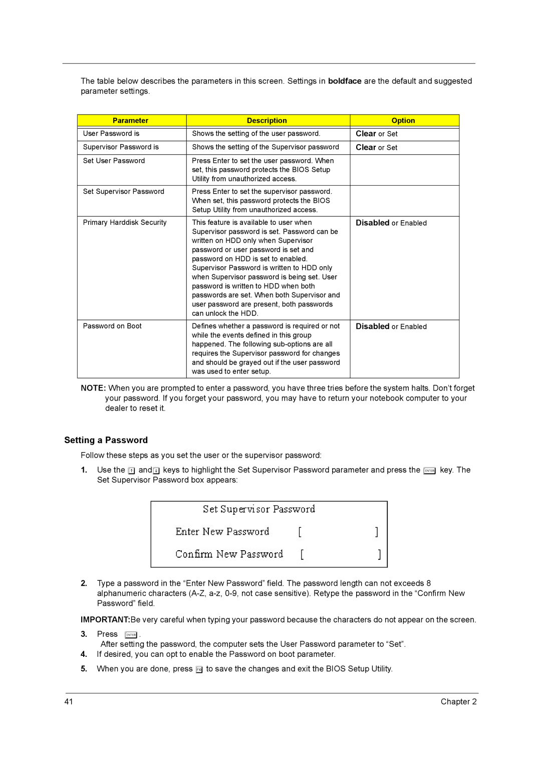 Acer 250 manual Clear or Set, Parameter Description Option 