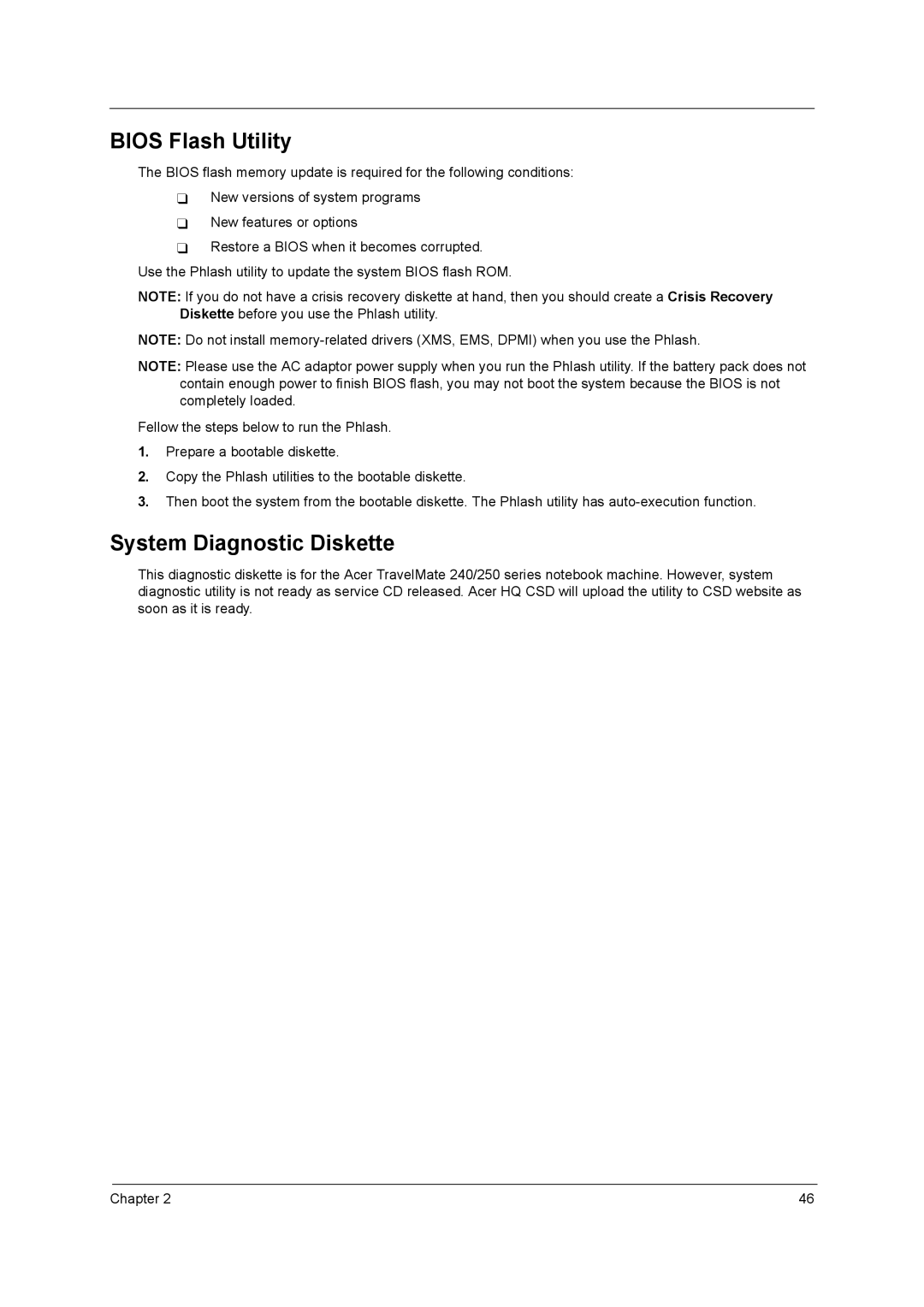 Acer 250 manual Bios Flash Utility, System Diagnostic Diskette 