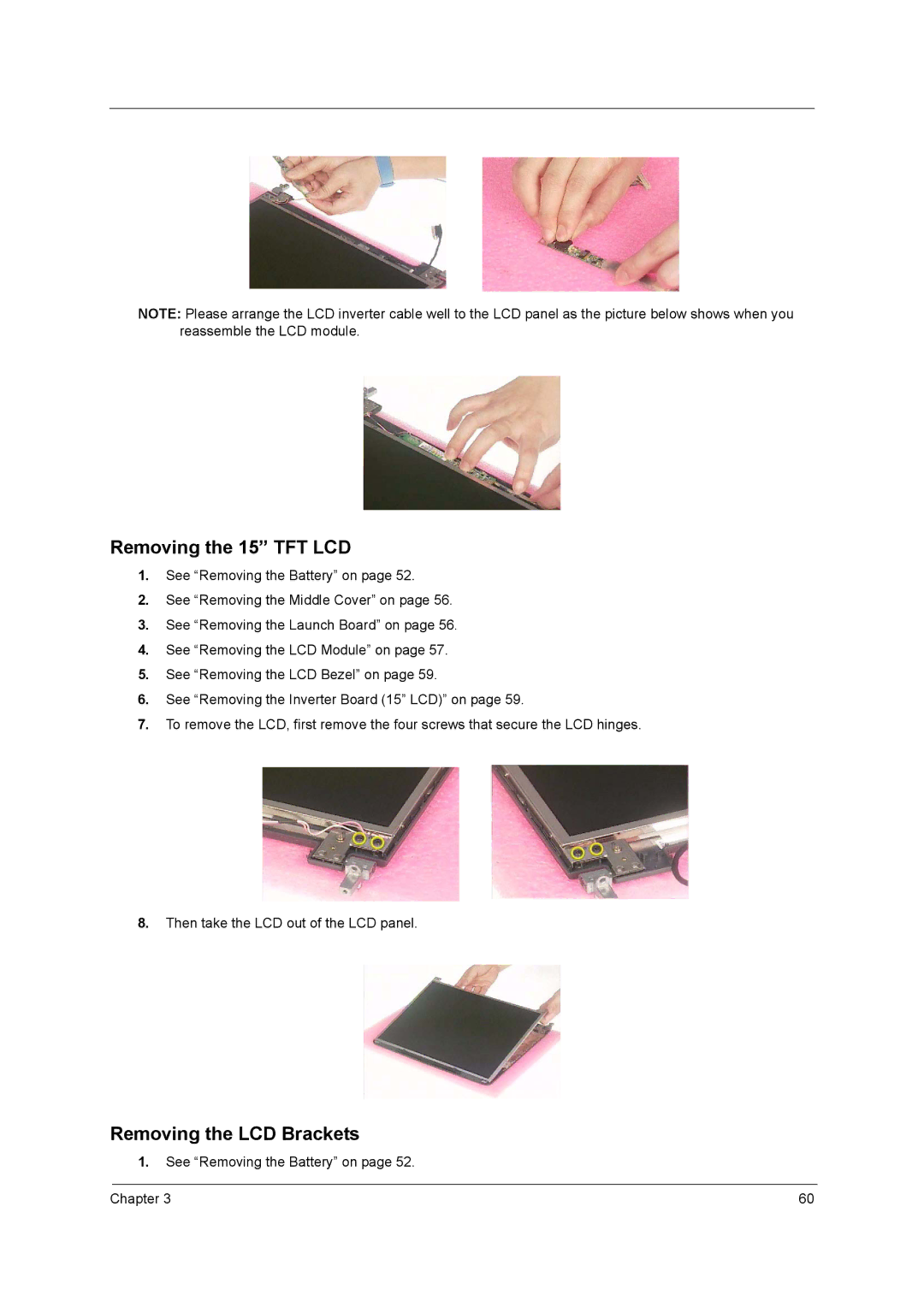 Acer 250 manual Removing the 15 TFT LCD, Removing the LCD Brackets 