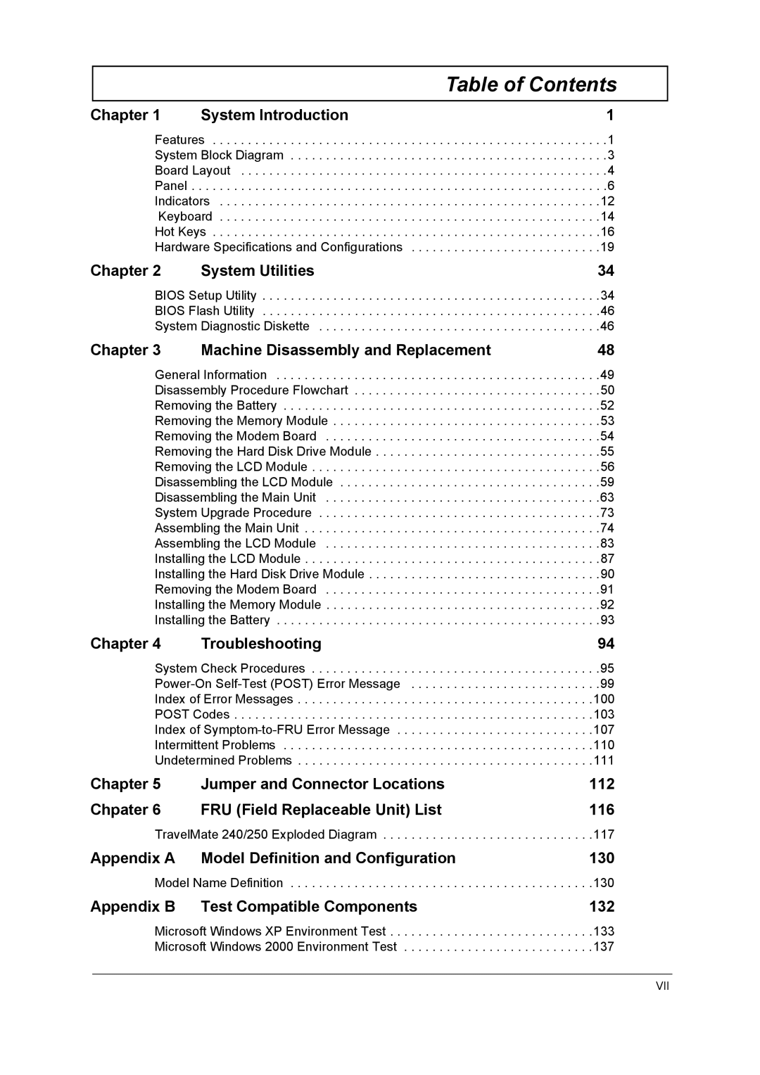 Acer 250 manual Table of Contents 