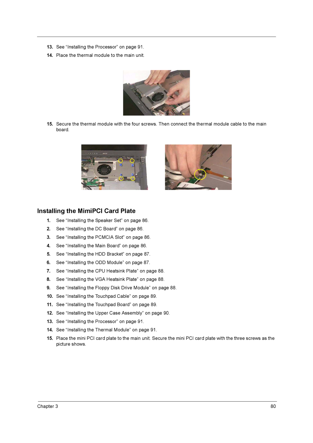 Acer 250 manual Installing the MimiPCI Card Plate 