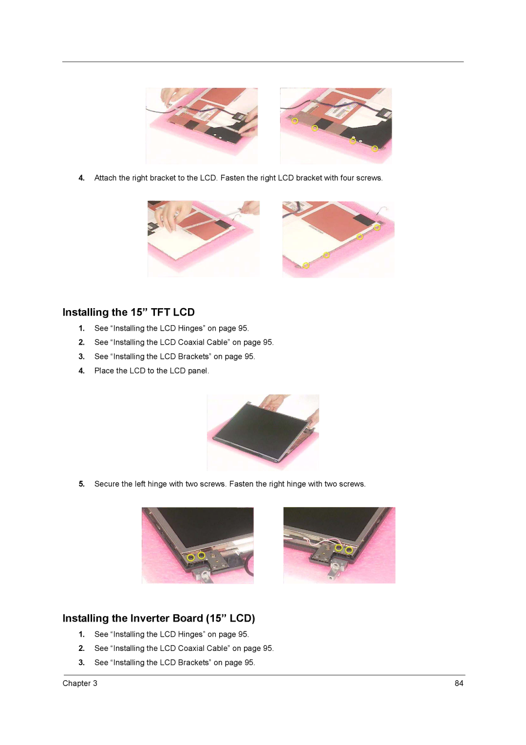 Acer 250 manual Installing the 15 TFT LCD, Installing the Inverter Board 15 LCD 