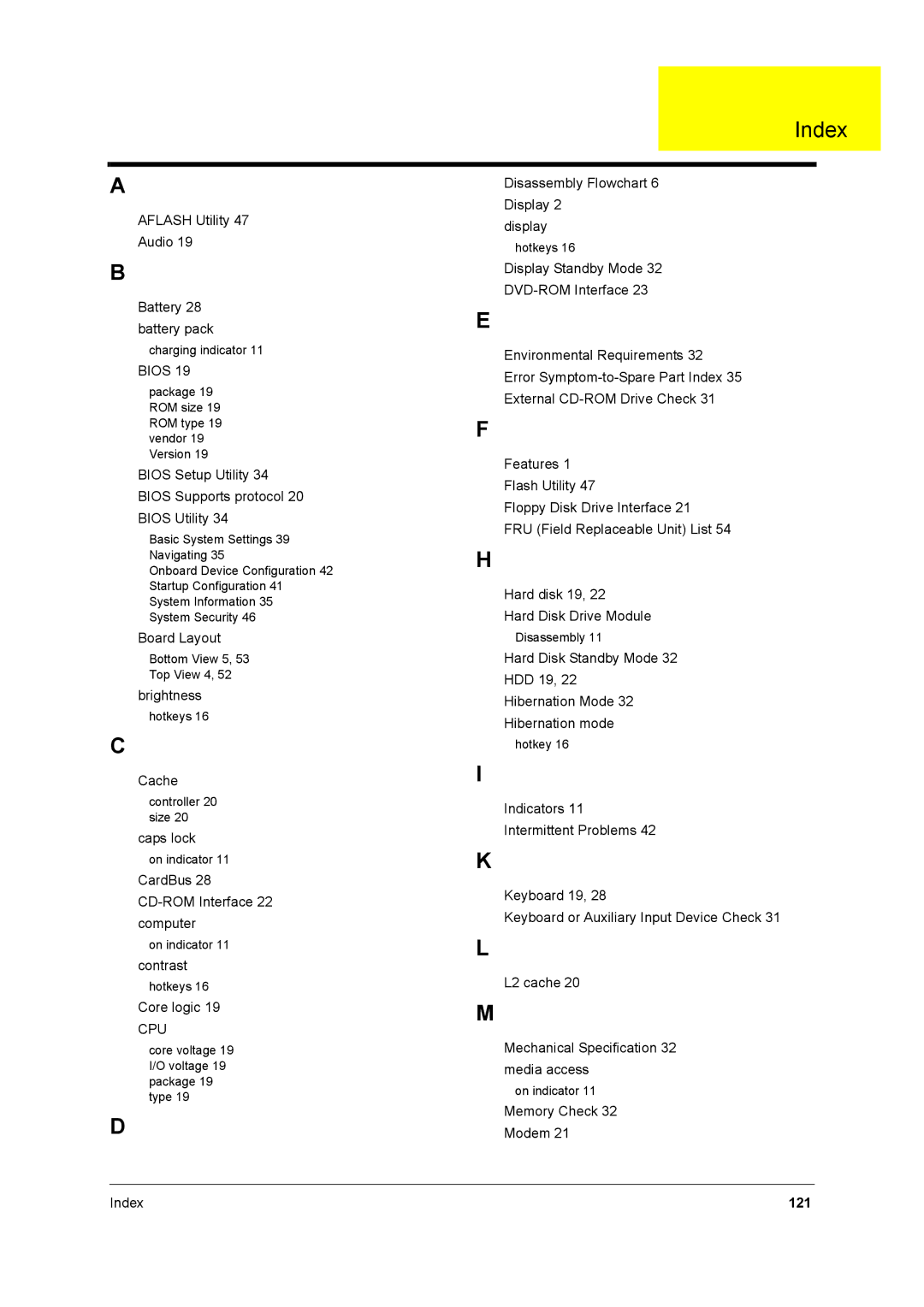 Acer 2500 manual Index, 121 