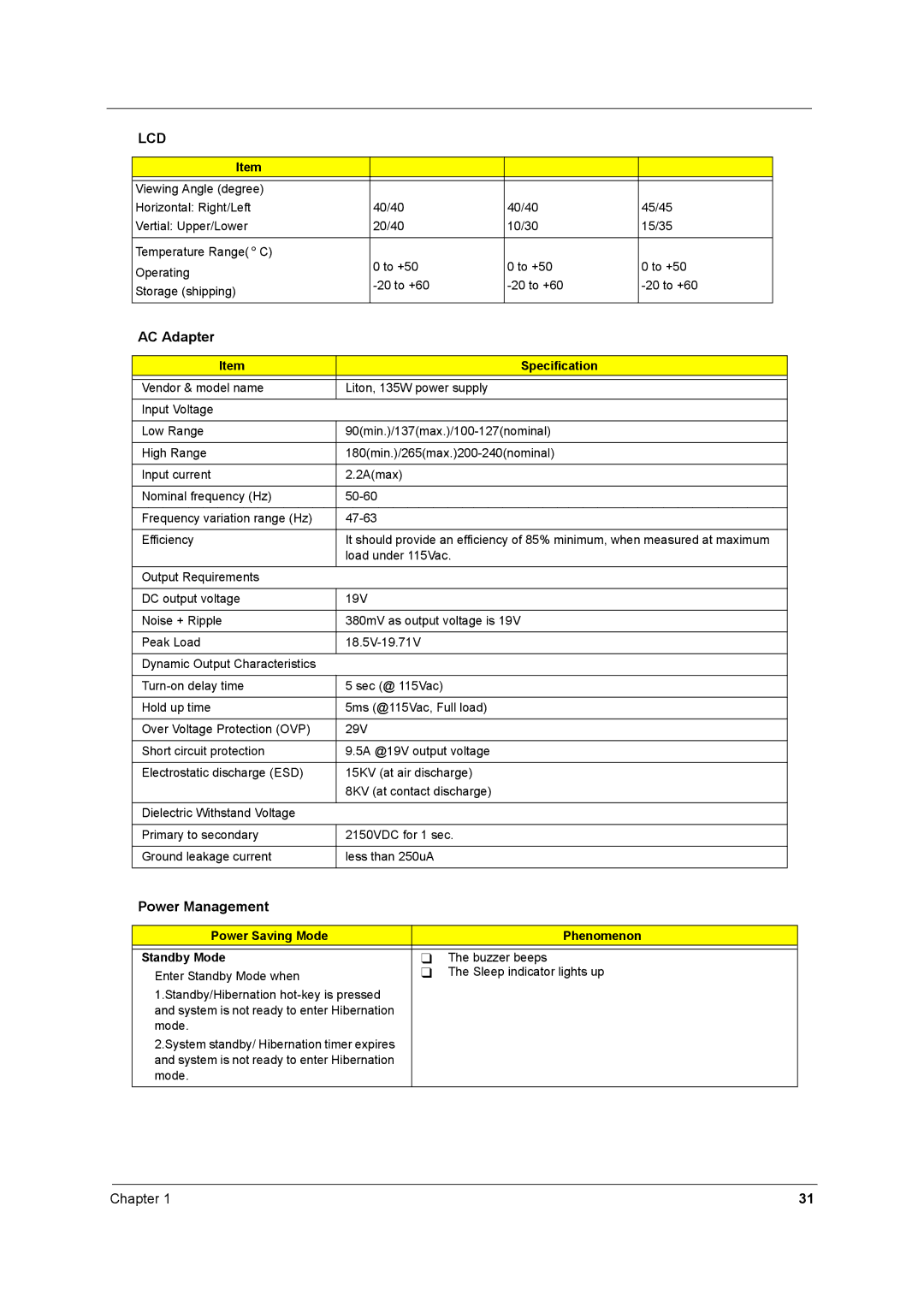 Acer 2500 manual AC Adapter, Power Management, Standby Mode 