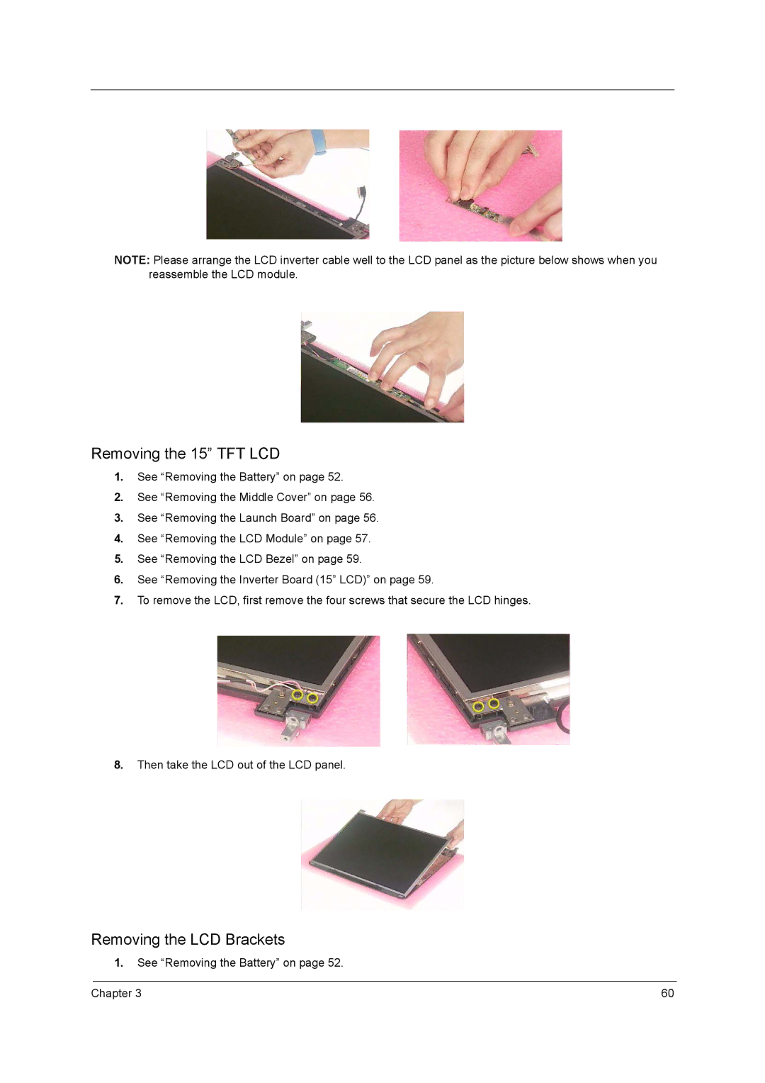 Acer 2500 manual Removing the 15 TFT LCD, Removing the LCD Brackets 