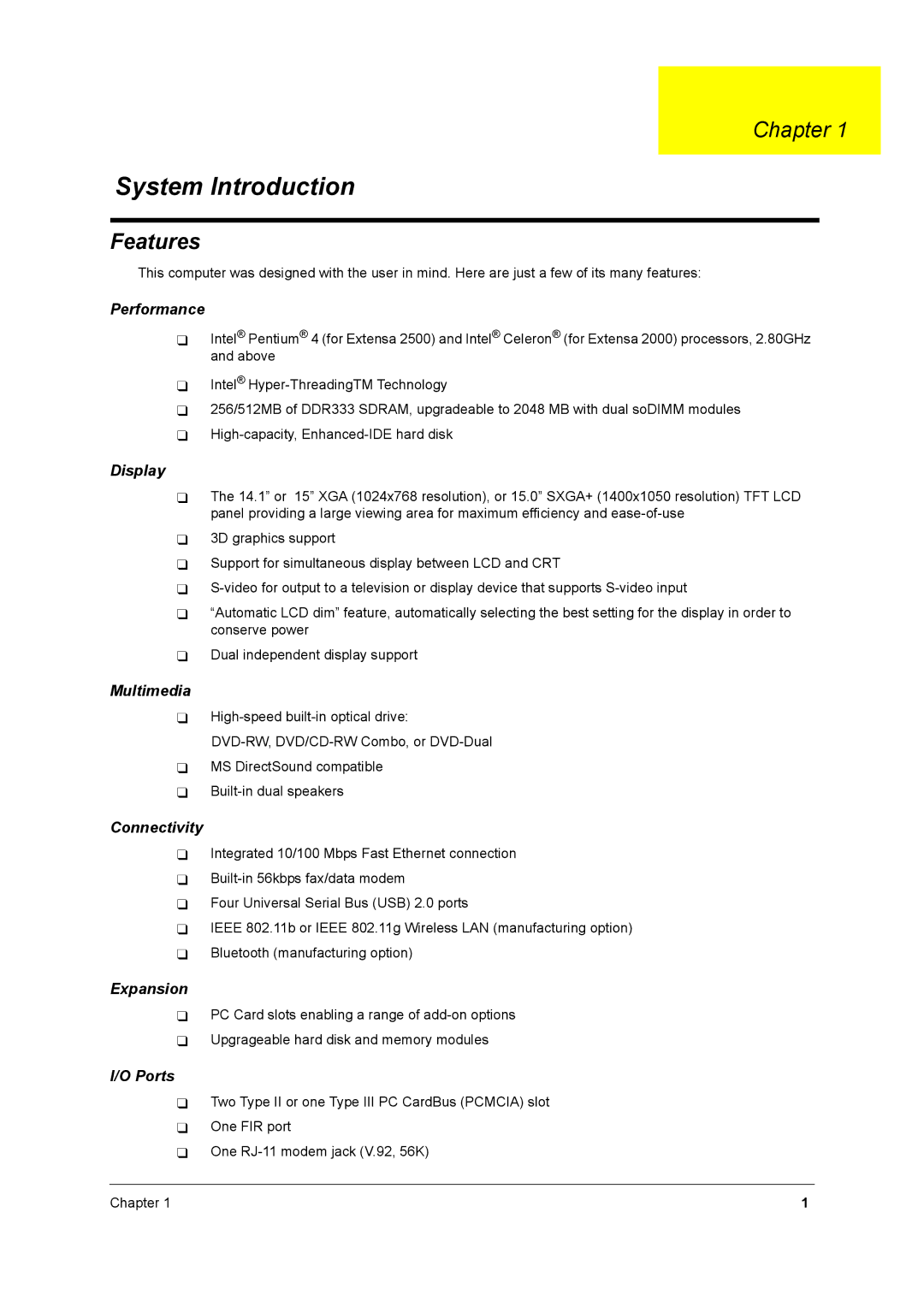 Acer 2500 manual System Introduction, Features 