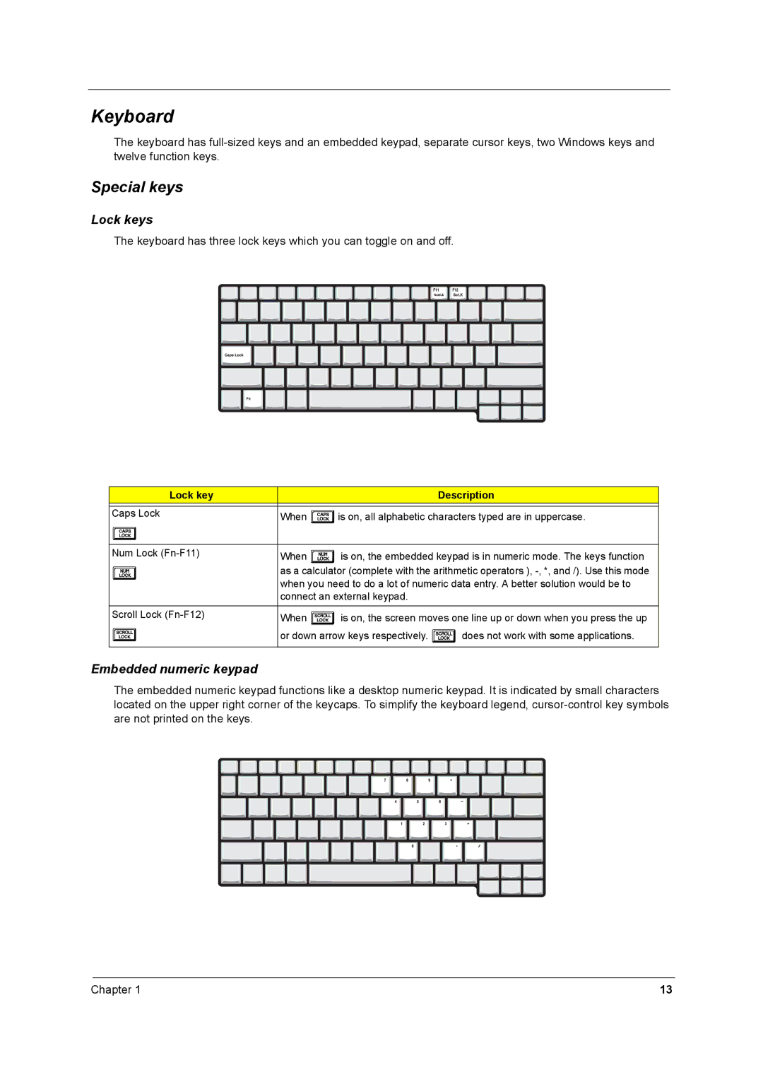 Acer 2500 manual Keyboard, Special keys, Lock key Description 