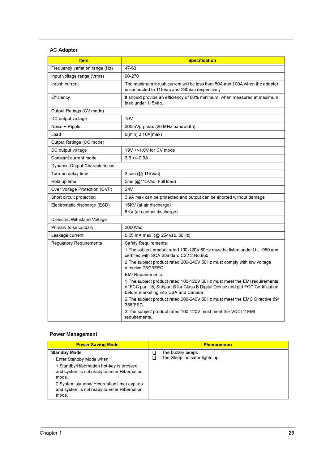 Acer 2500 manual Power Management, Power Saving Mode Phenomenon Standby Mode 