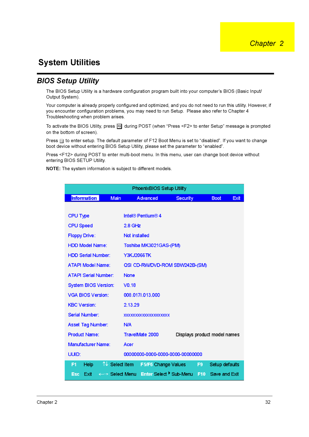 Acer 2500 manual System Utilities, Bios Setup Utility 