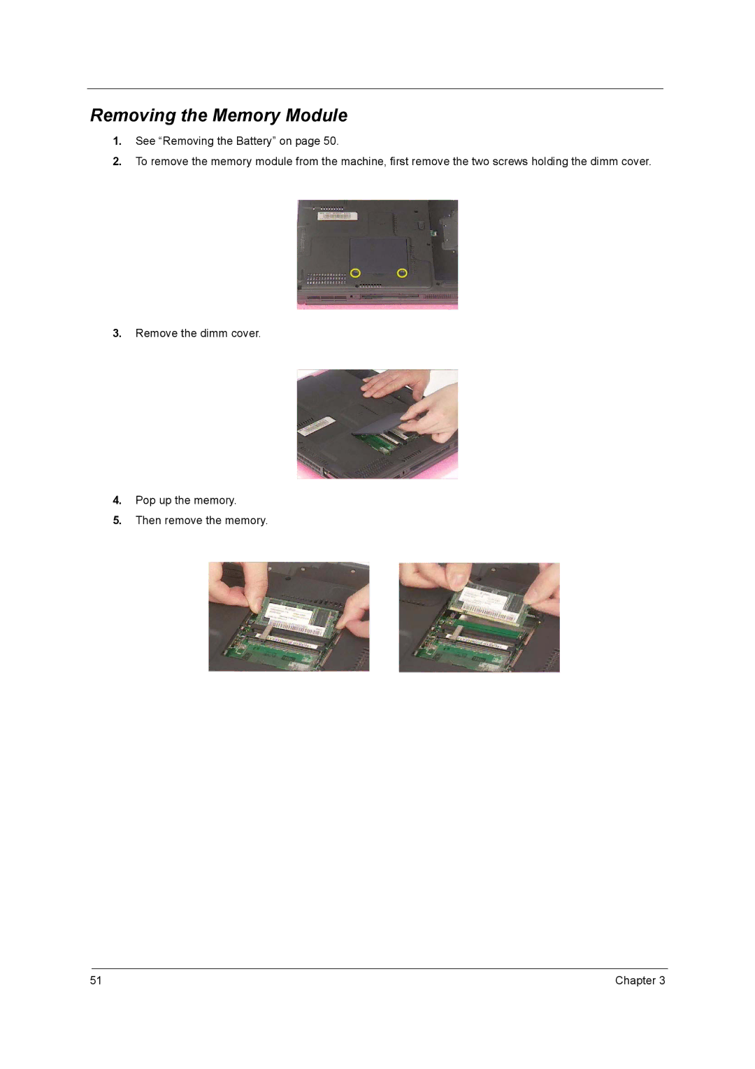 Acer 2500 manual Removing the Memory Module 