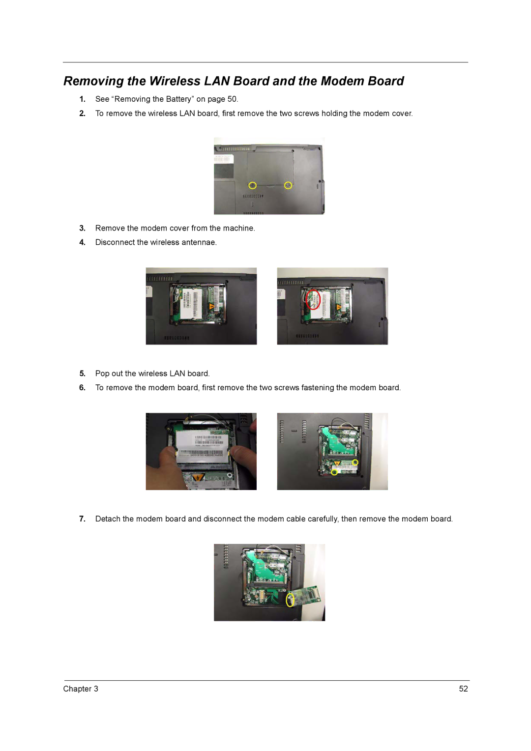 Acer 2500 manual Removing the Wireless LAN Board and the Modem Board 