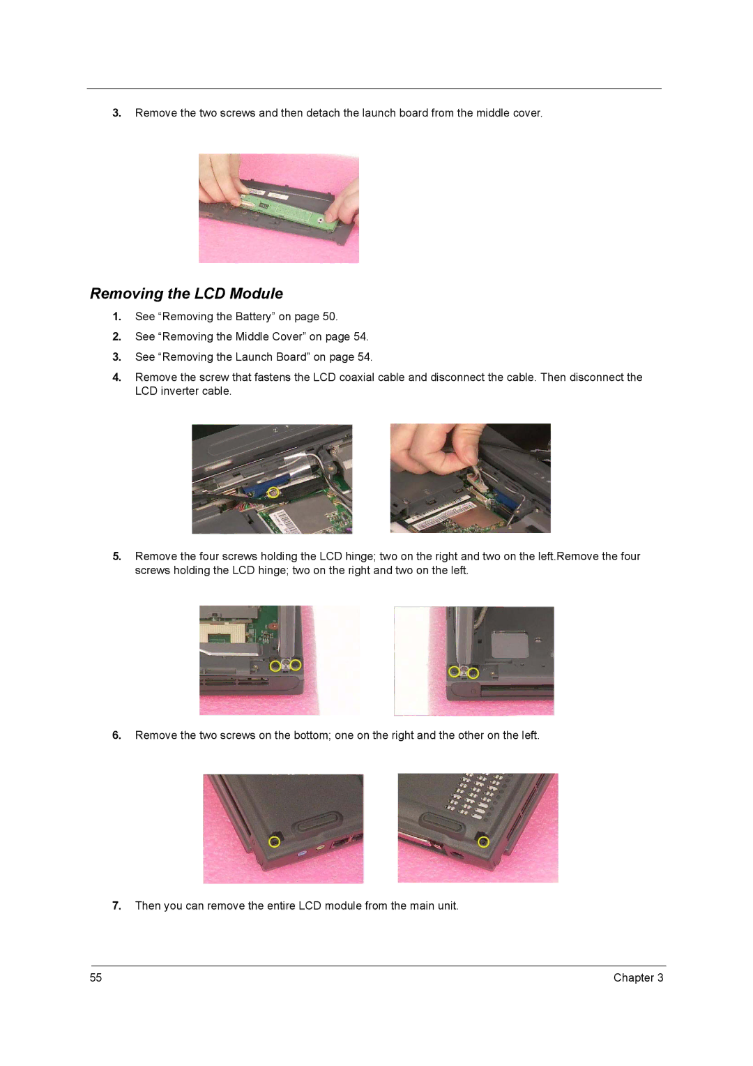 Acer 2500 manual Removing the LCD Module 