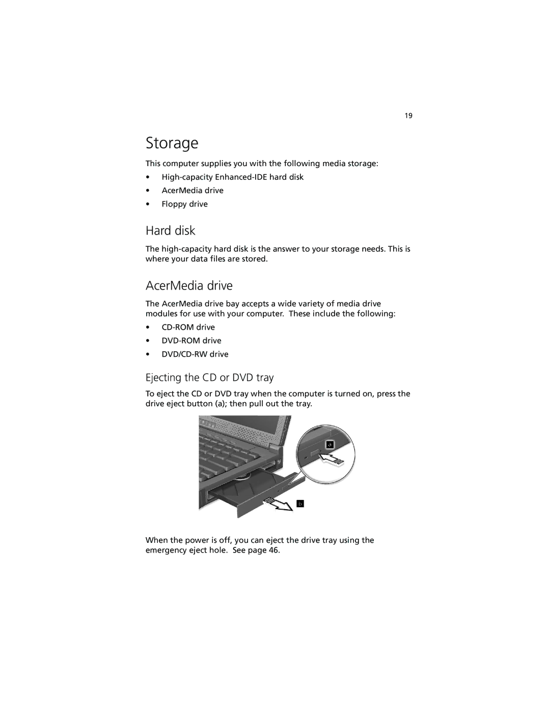 Acer 260 series manual Storage, Hard disk, AcerMedia drive, Ejecting the CD or DVD tray 