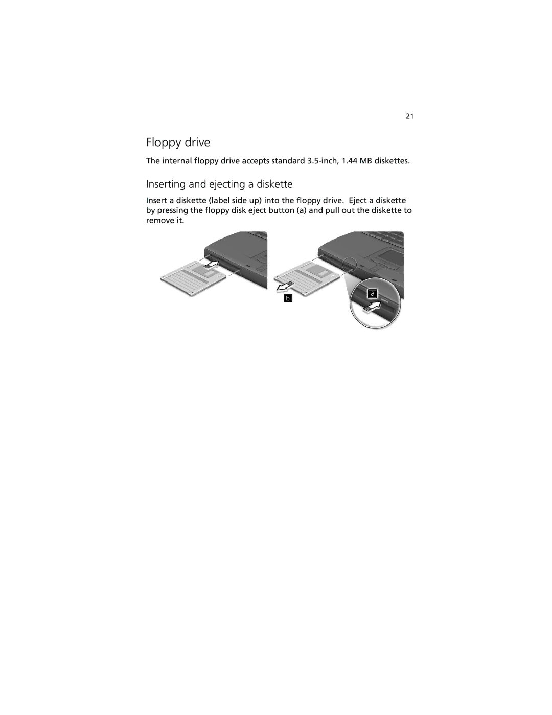 Acer 260 series manual Floppy drive, Inserting and ejecting a diskette 