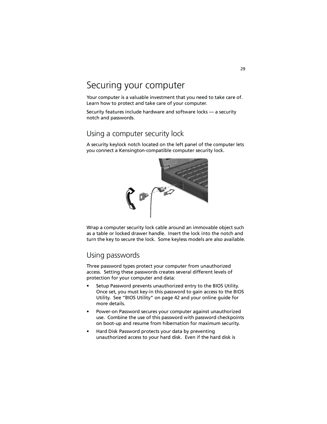 Acer 260 series manual Securing your computer, Using a computer security lock, Using passwords 