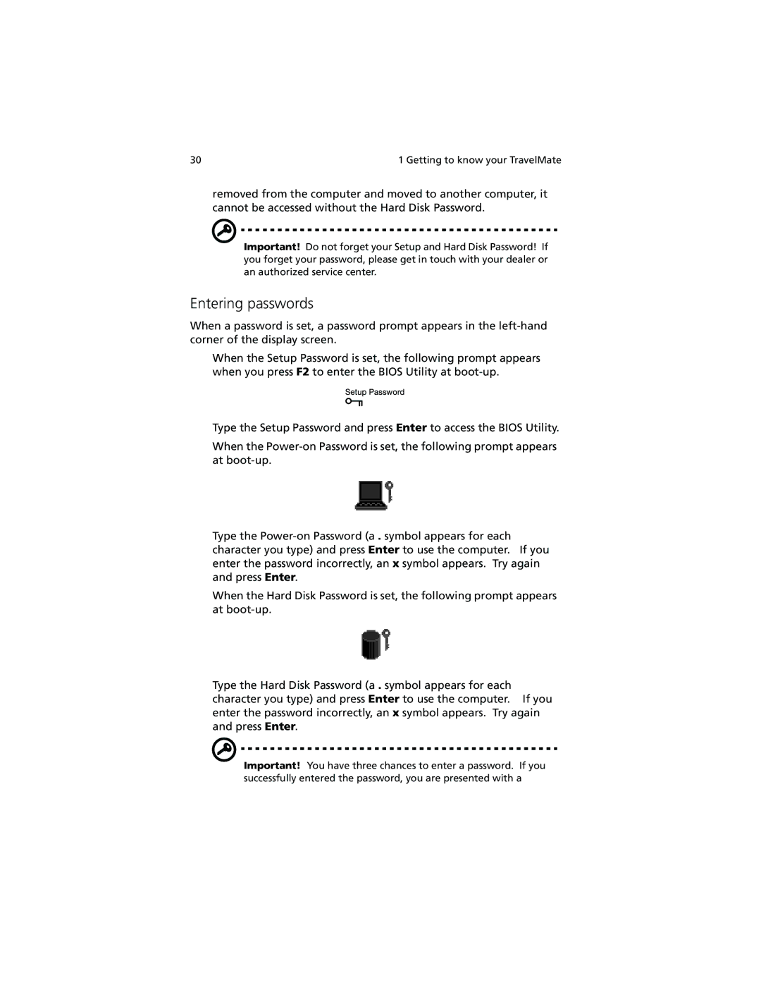 Acer 260 series manual Entering passwords 