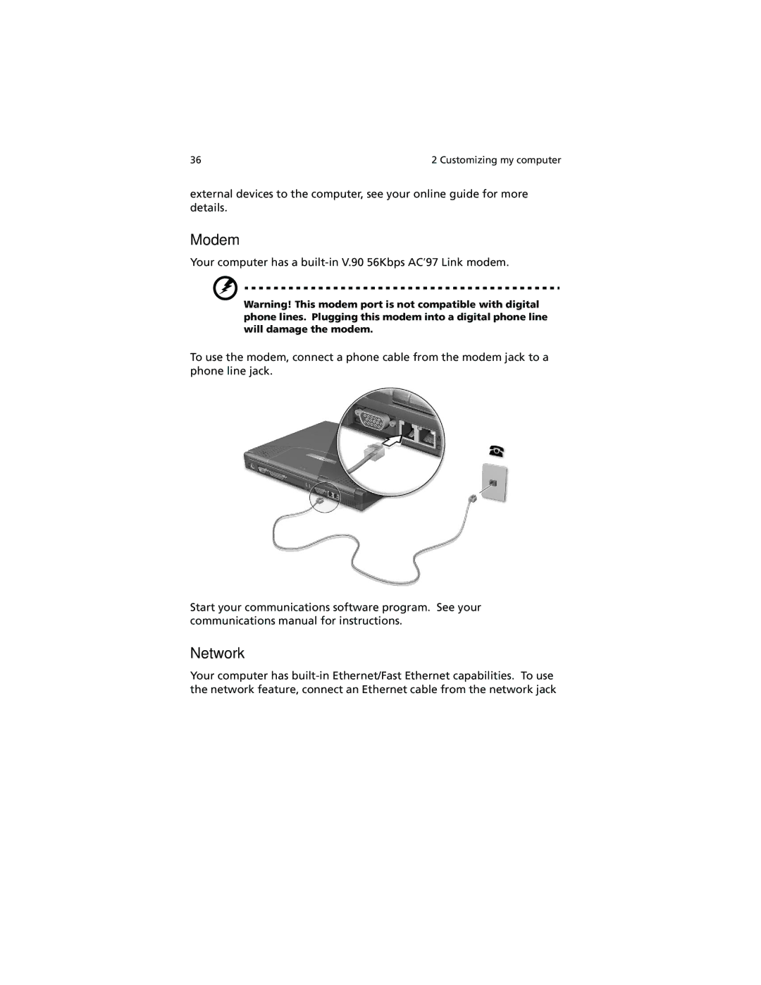 Acer 260 series manual Modem, Network 