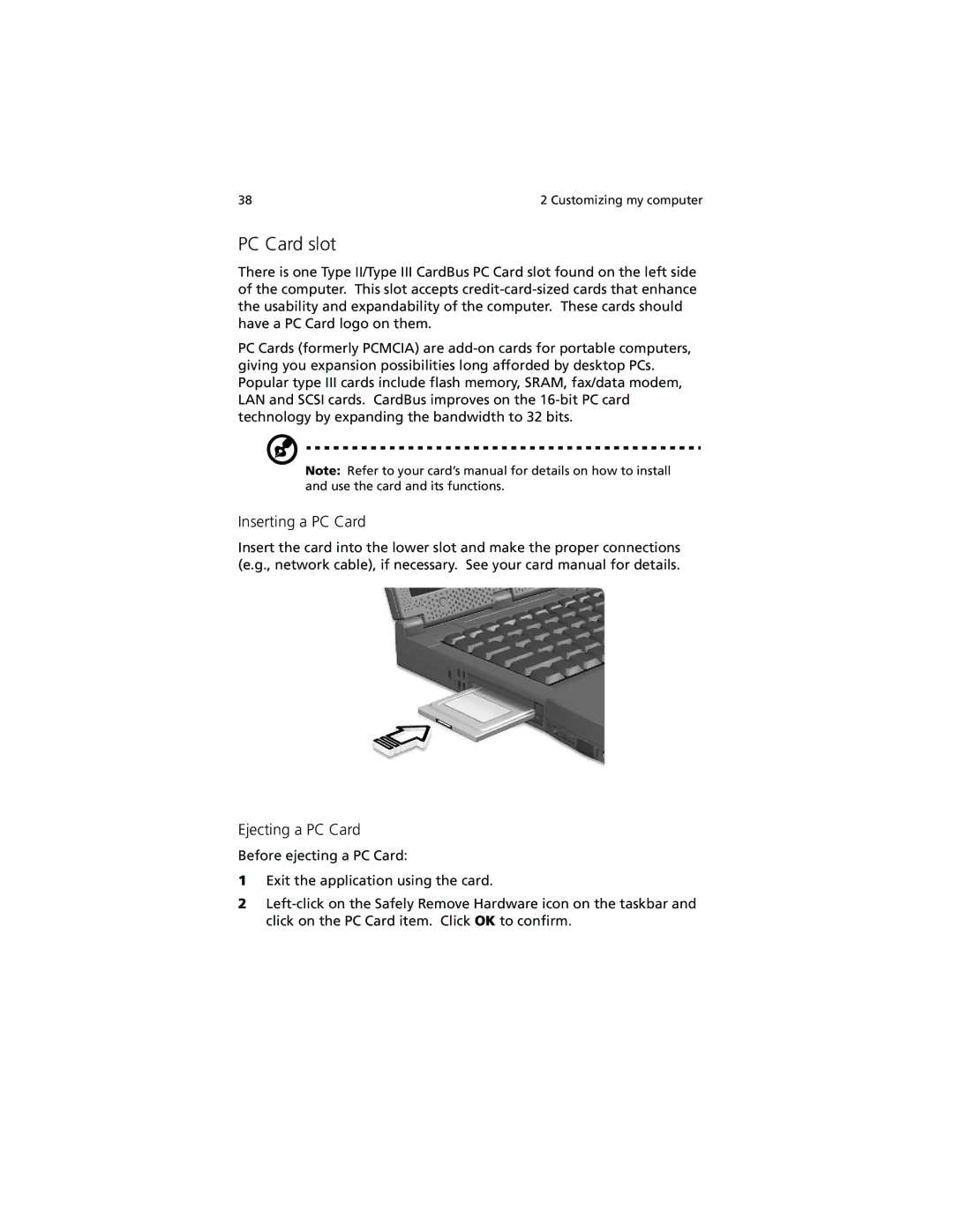 Acer 260 series manual PC Card slot, Inserting a PC Card, Ejecting a PC Card 