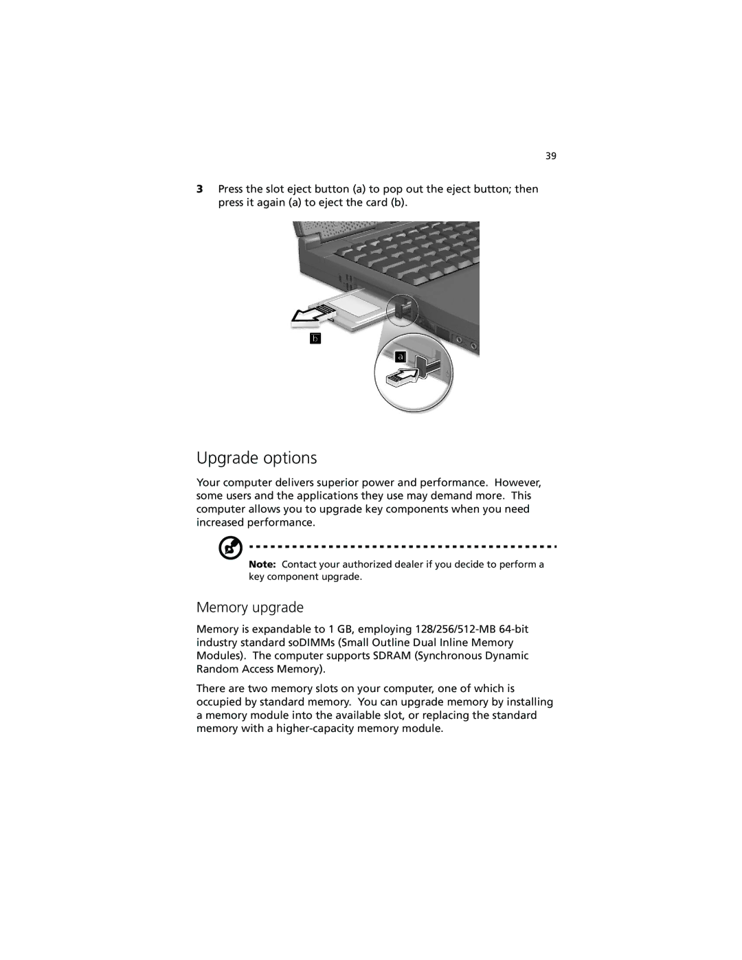 Acer 260 series manual Upgrade options, Memory upgrade 