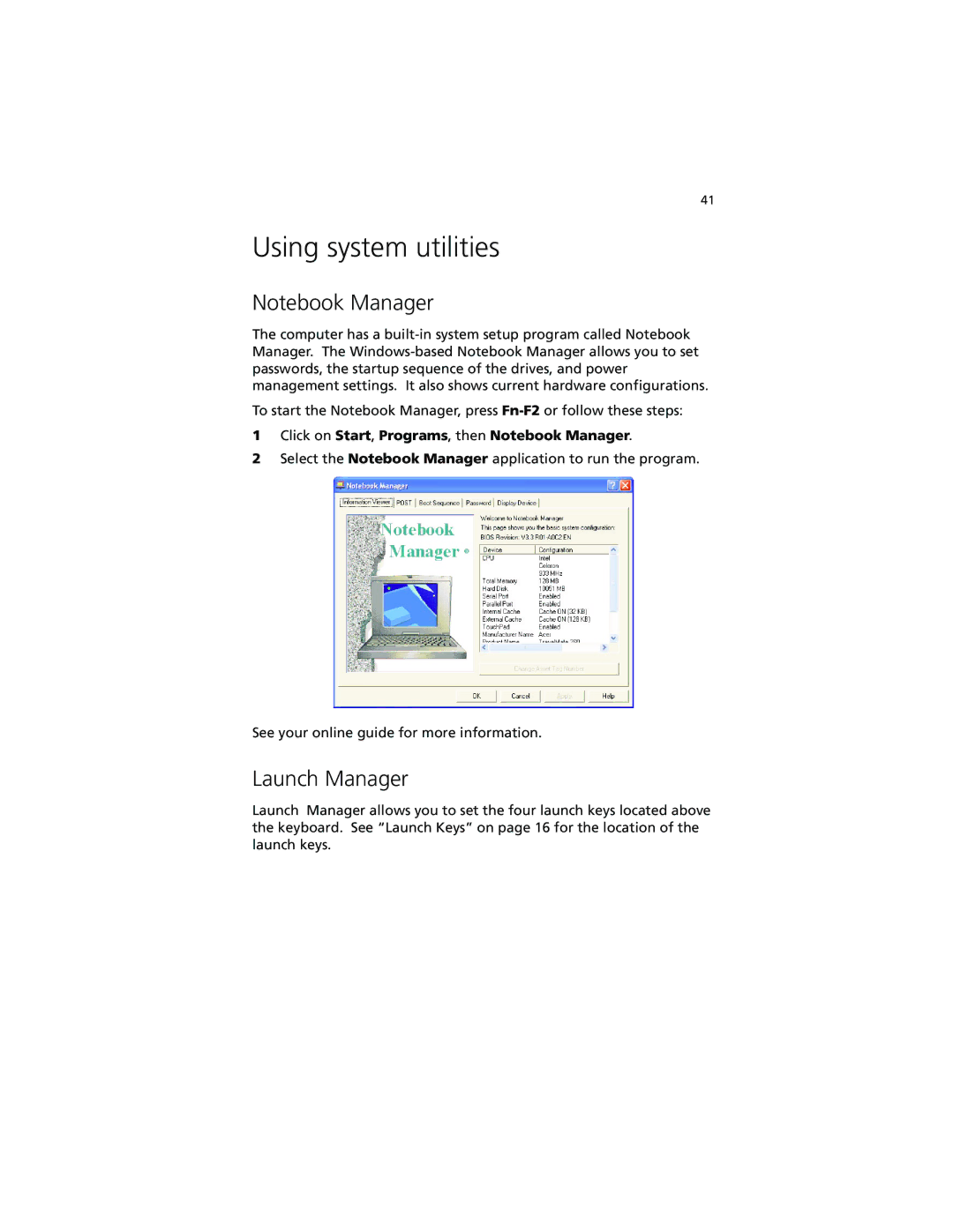 Acer 260 series manual Using system utilities, Launch Manager 