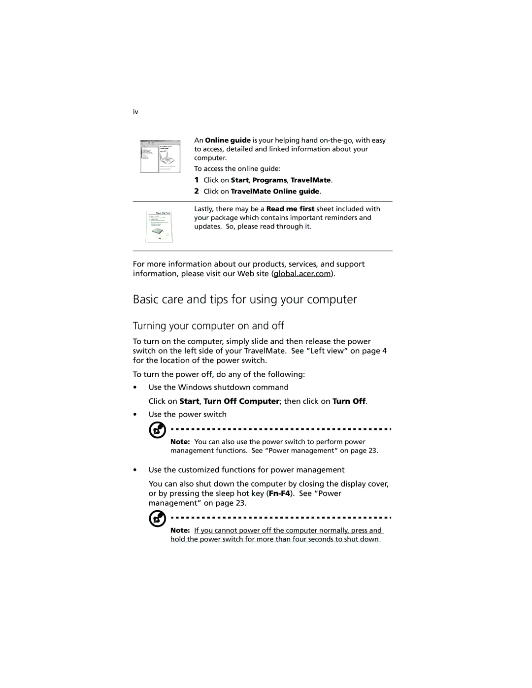 Acer 260 series manual Basic care and tips for using your computer, Turning your computer on and off 