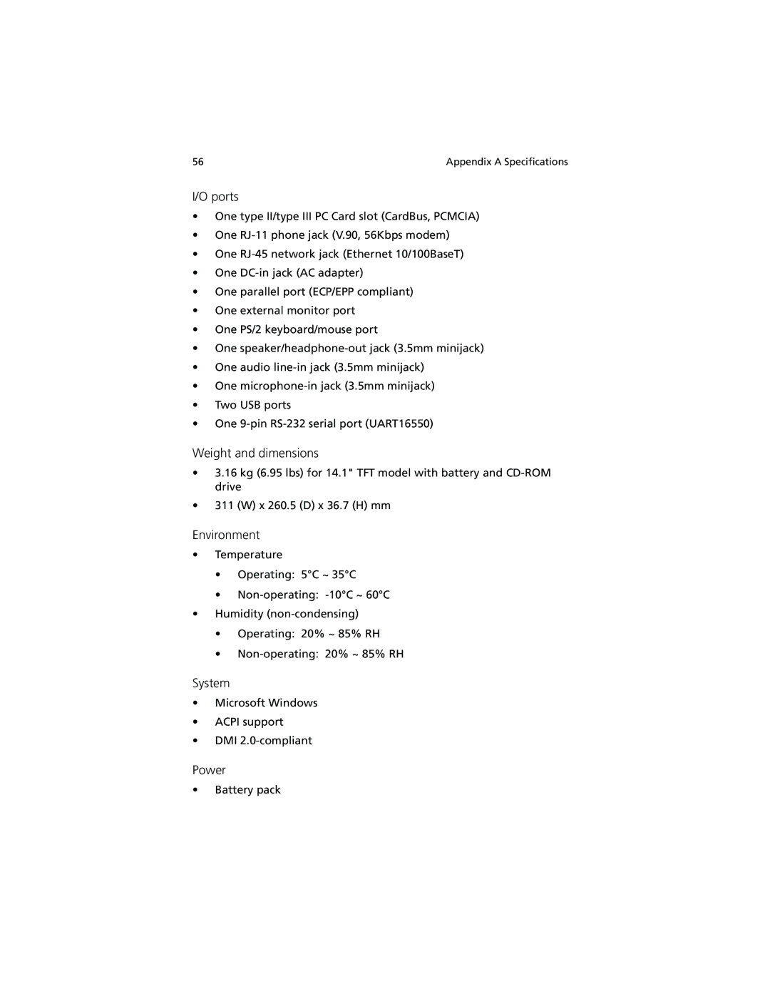 Acer 260 series manual Ports, Weight and dimensions, Environment, System, Power 