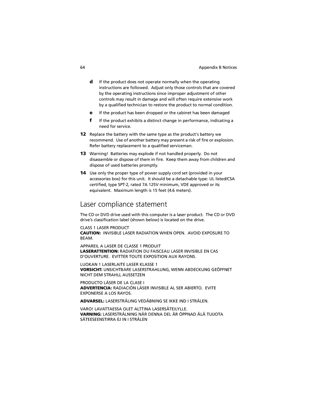 Acer 260 series manual Laser compliance statement 