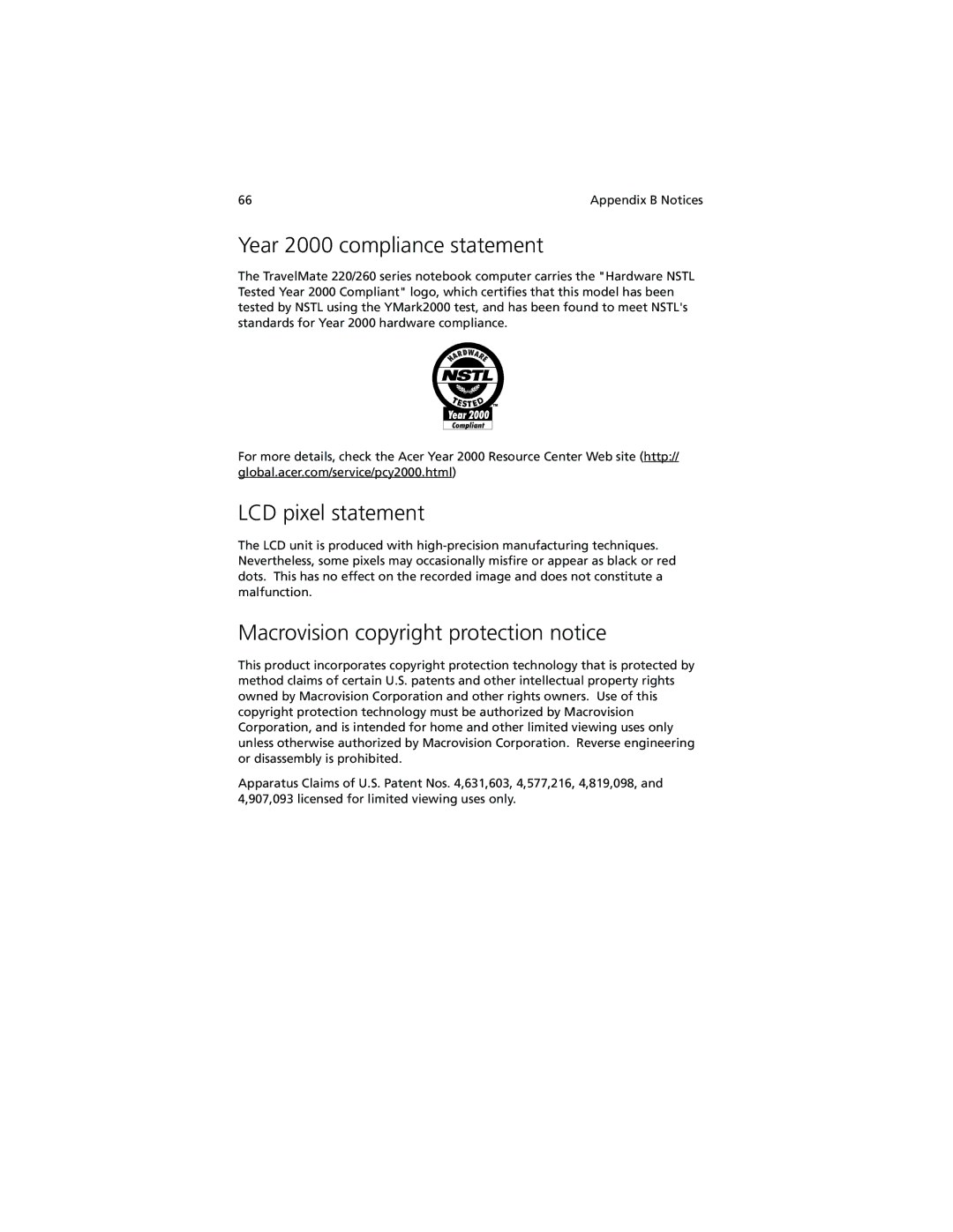 Acer 260 series manual Year 2000 compliance statement, LCD pixel statement, Macrovision copyright protection notice 