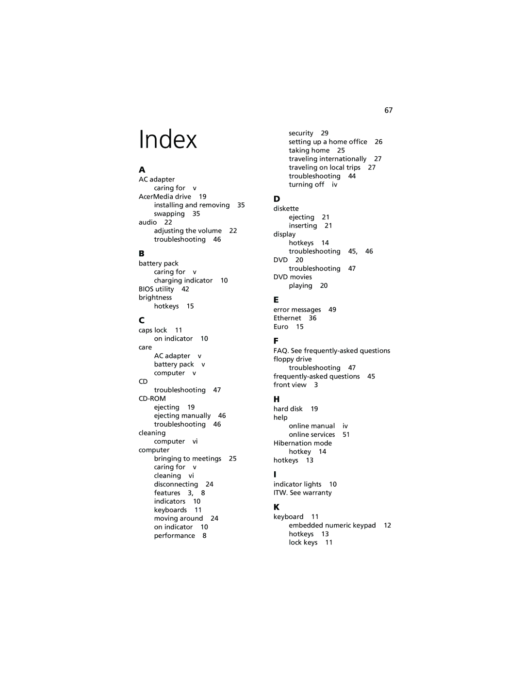 Acer 260 series manual Index 