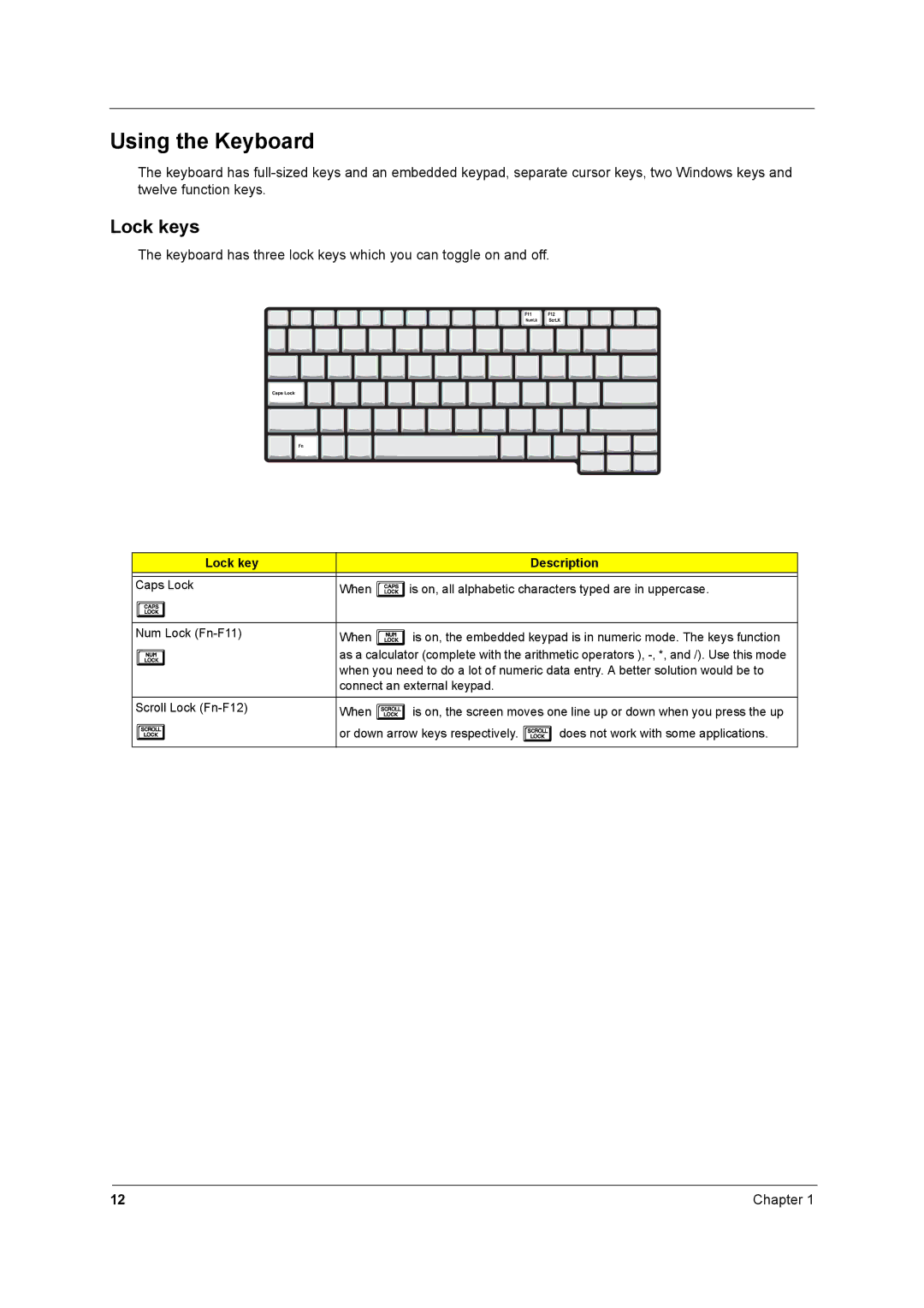 Acer 2600 manual Using the Keyboard, Lock keys, Lock key Description 