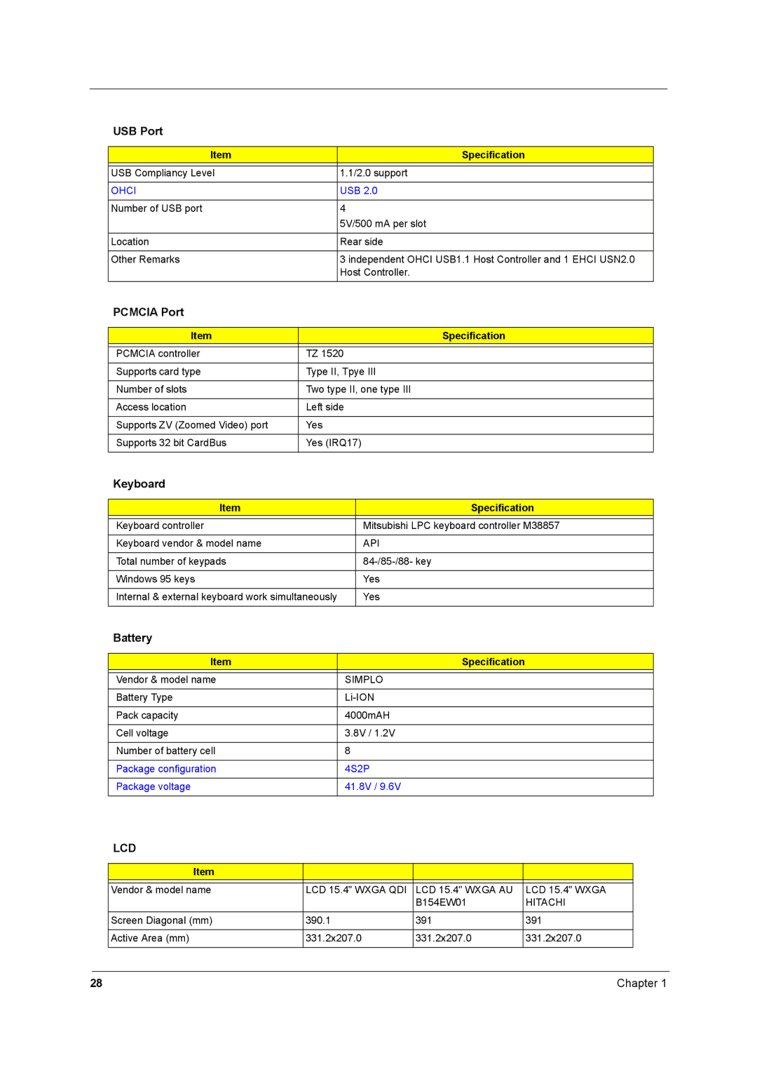 Acer 2600 manual USB Port, Pcmcia Port, Keyboard, Battery 