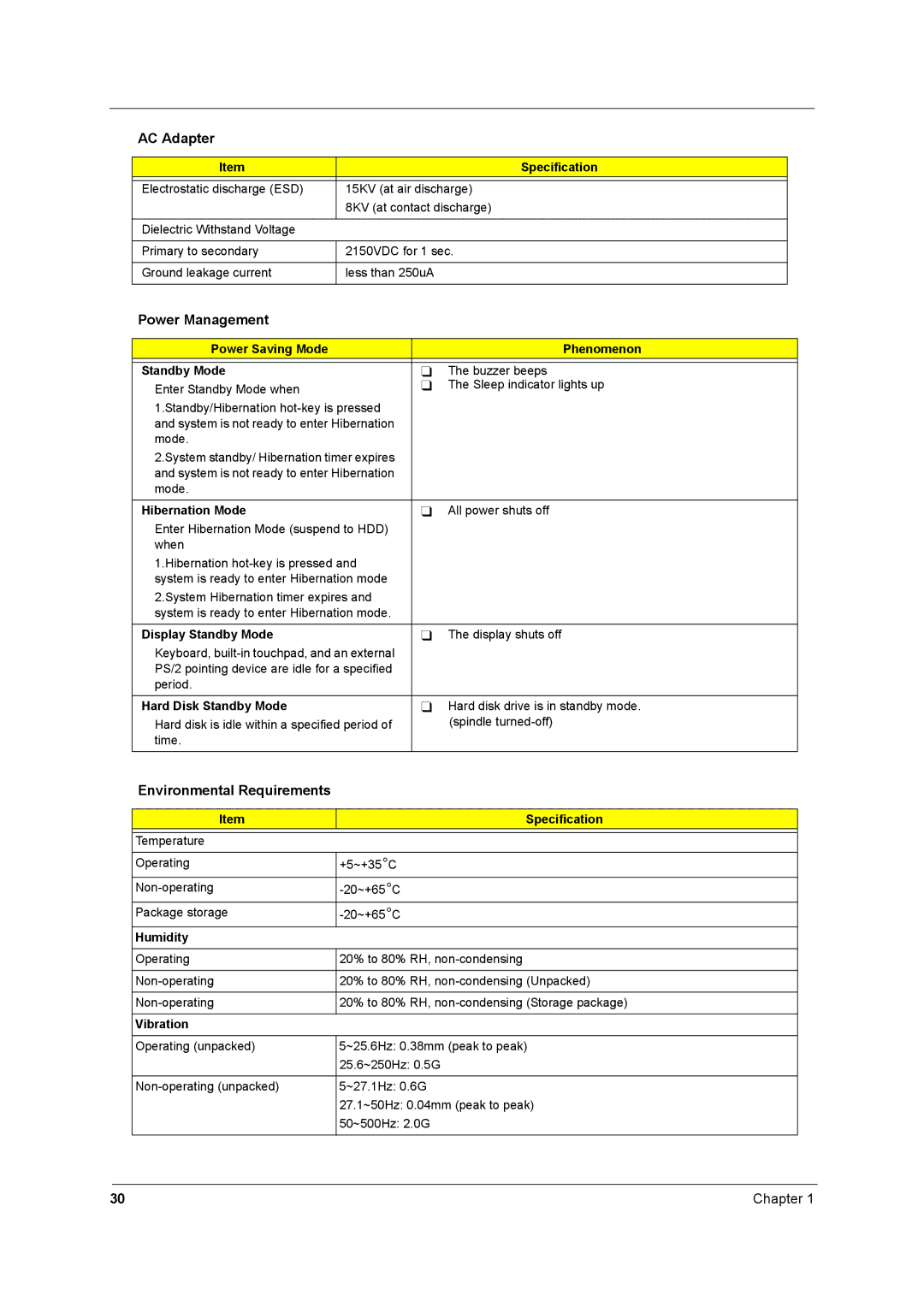 Acer 2600 manual Power Management, Environmental Requirements 