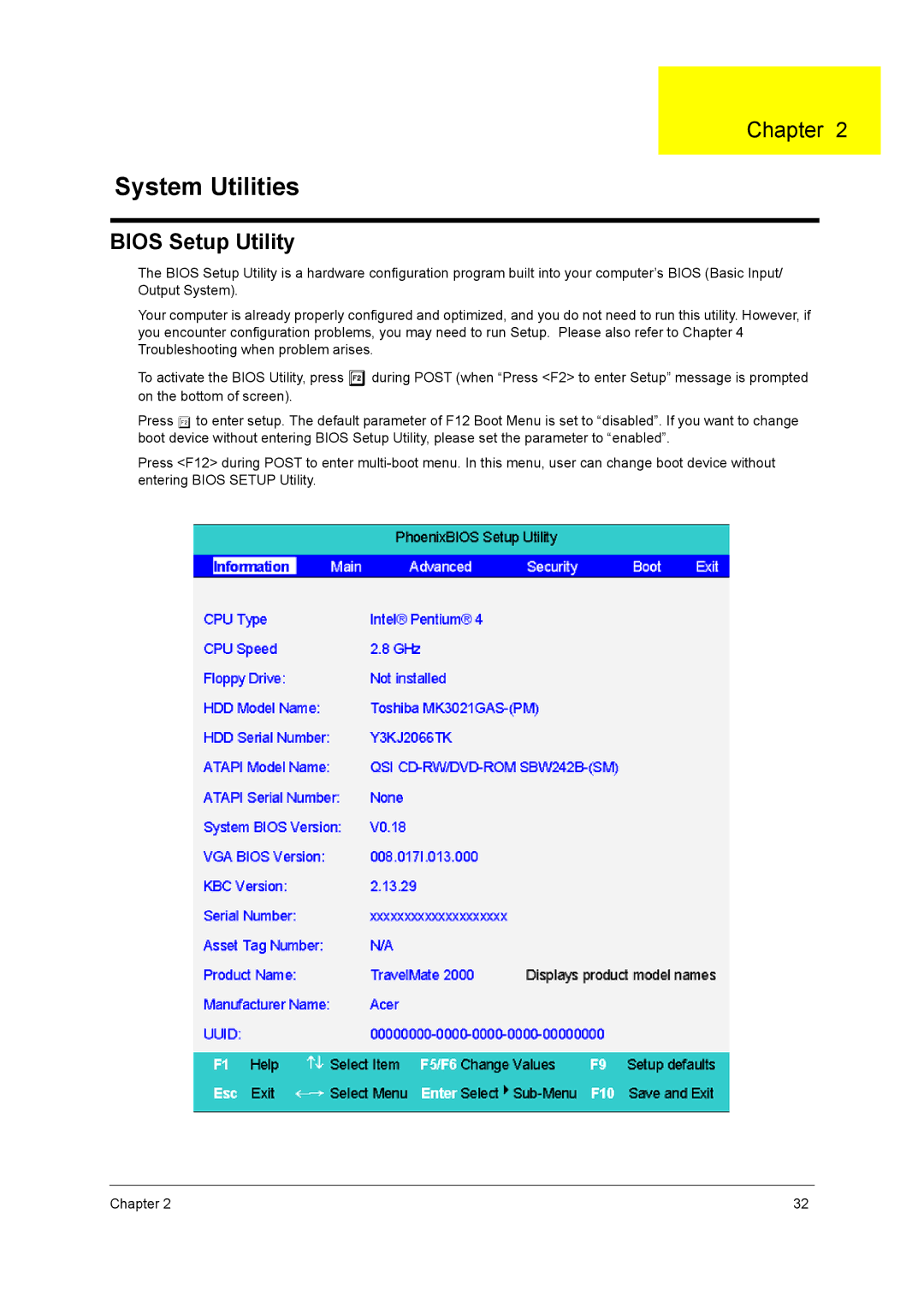 Acer 2600 manual System Utilities, Bios Setup Utility 