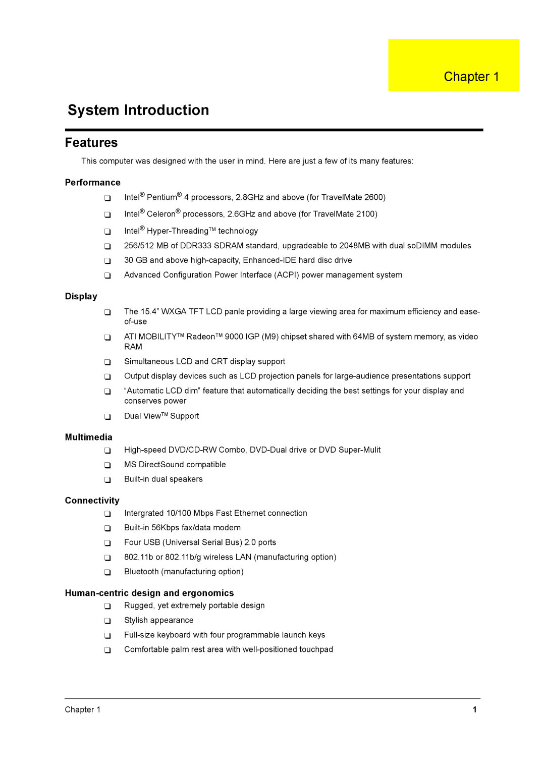 Acer 2600 manual System Introduction, Features 