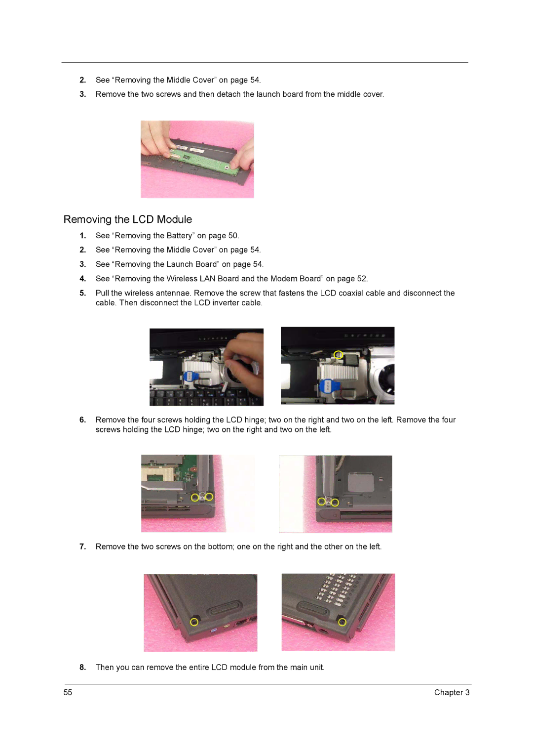 Acer 2600 manual Removing the LCD Module 