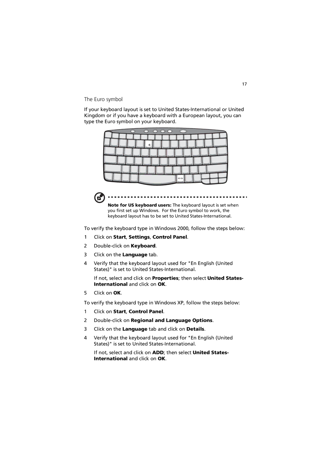 Acer 270 manual Euro symbol, Click on Start, Settings, Control Panel 