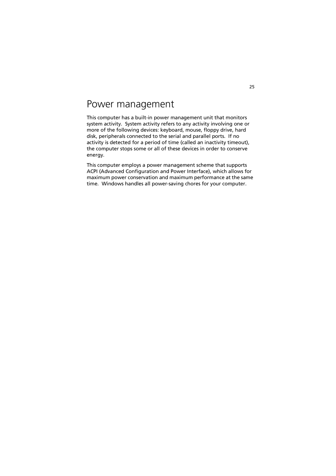 Acer 270 manual Power management 