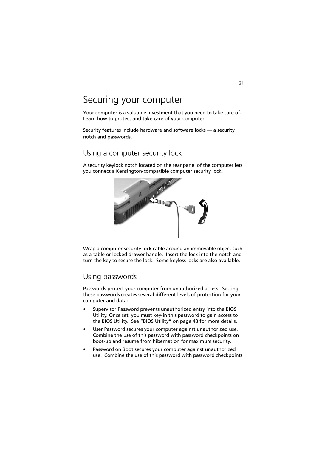 Acer 270 manual Securing your computer, Using a computer security lock, Using passwords 