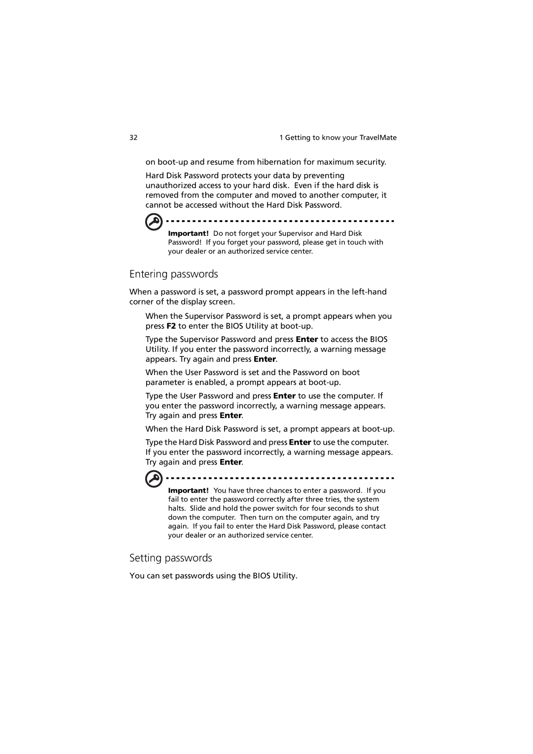 Acer 270 manual Entering passwords, Setting passwords 