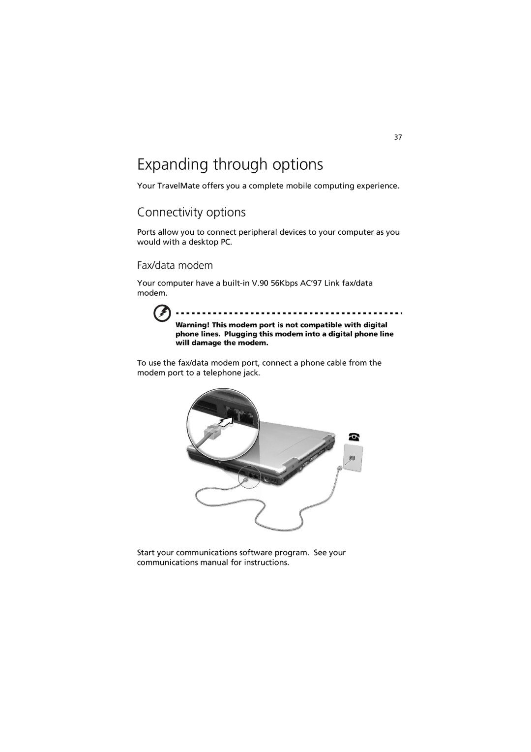 Acer 270 manual Expanding through options, Connectivity options, Fax/data modem 