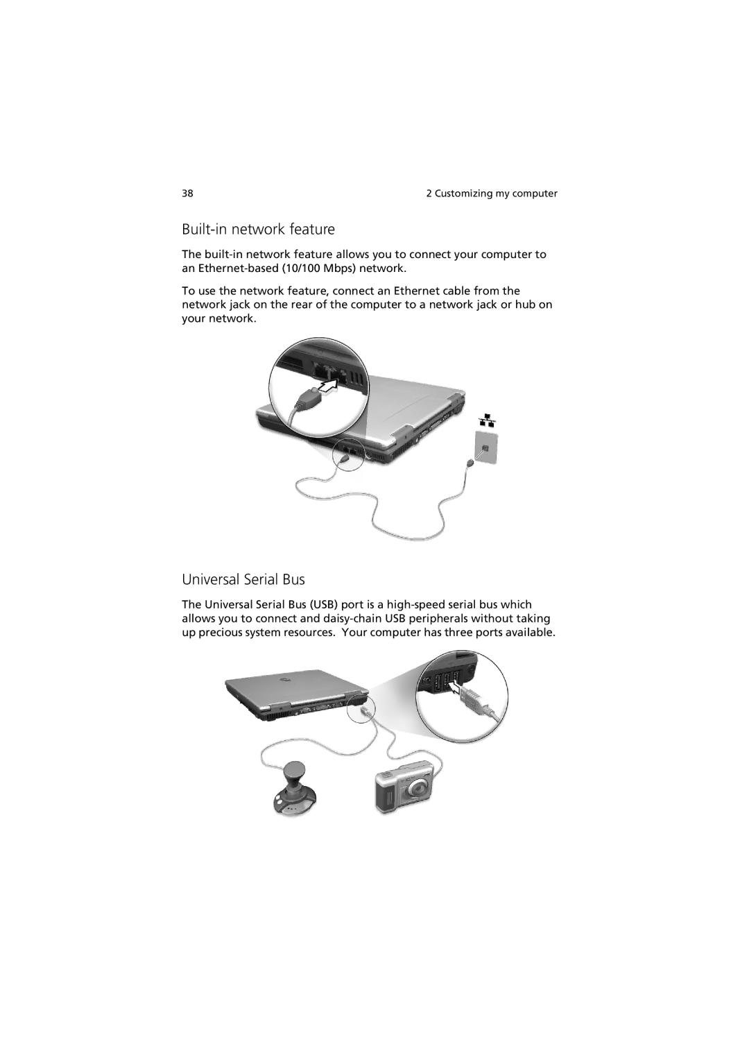 Acer 270 manual Built-in network feature, Universal Serial Bus 