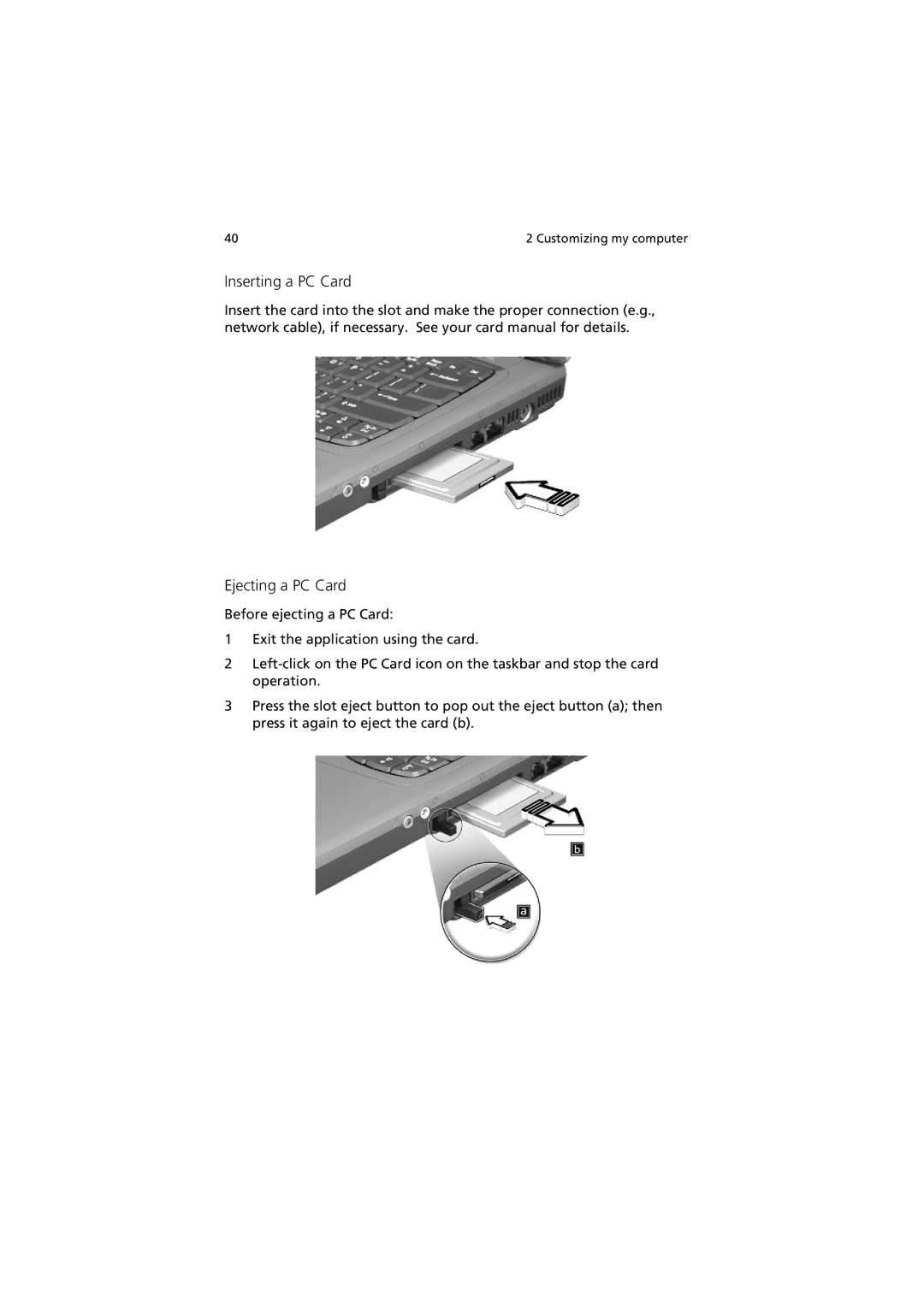 Acer 270 manual Inserting a PC Card, Ejecting a PC Card 