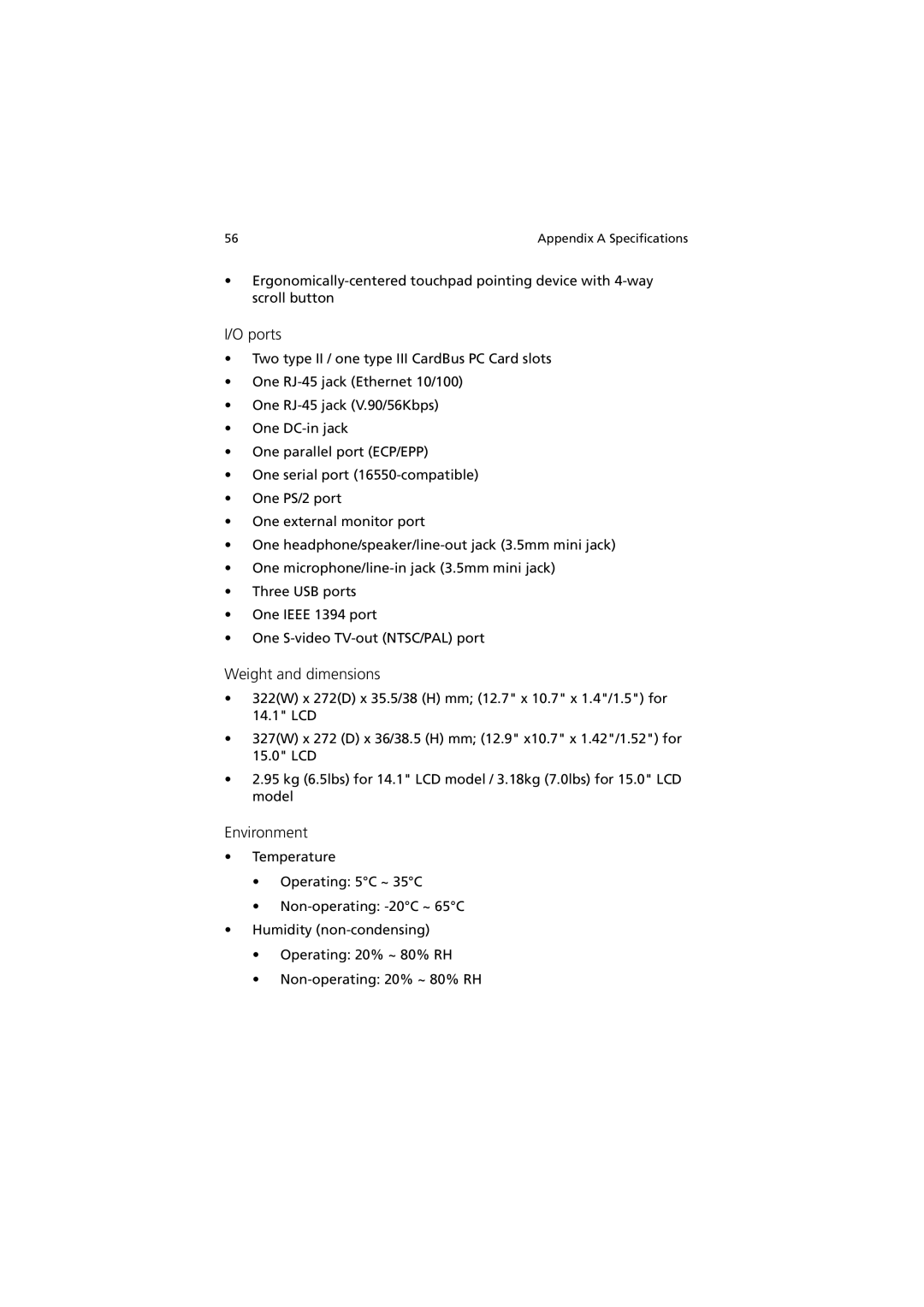 Acer 270 manual Ports, Weight and dimensions, Environment 