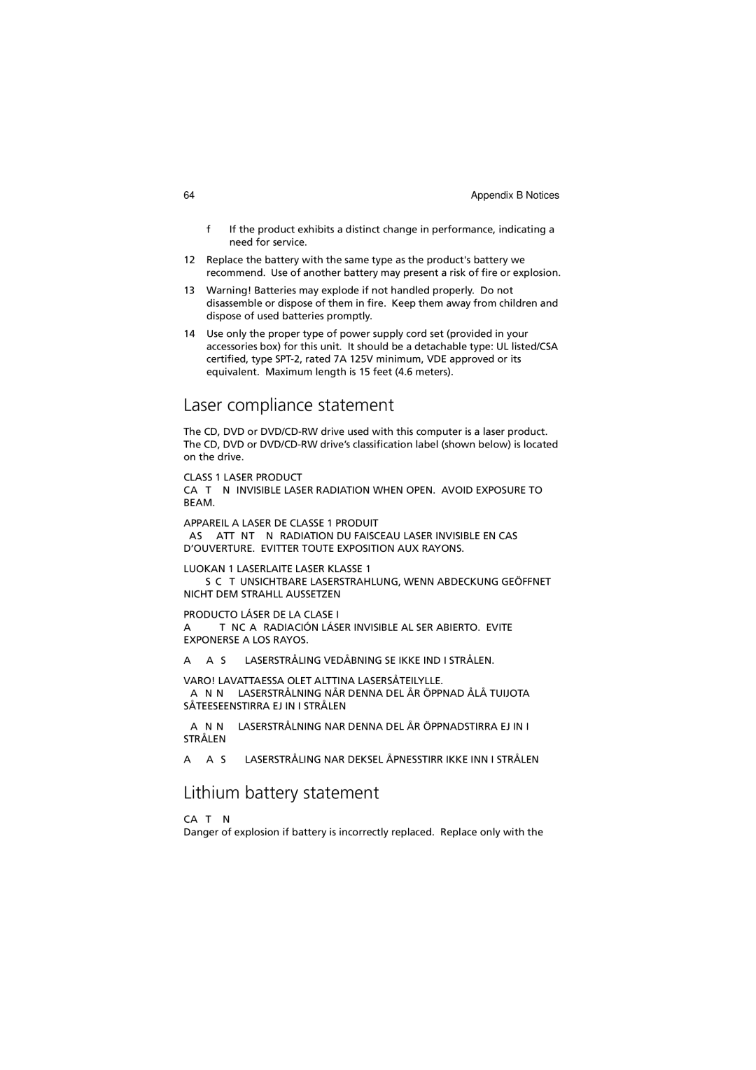 Acer 270 manual Laser compliance statement, Lithium battery statement 