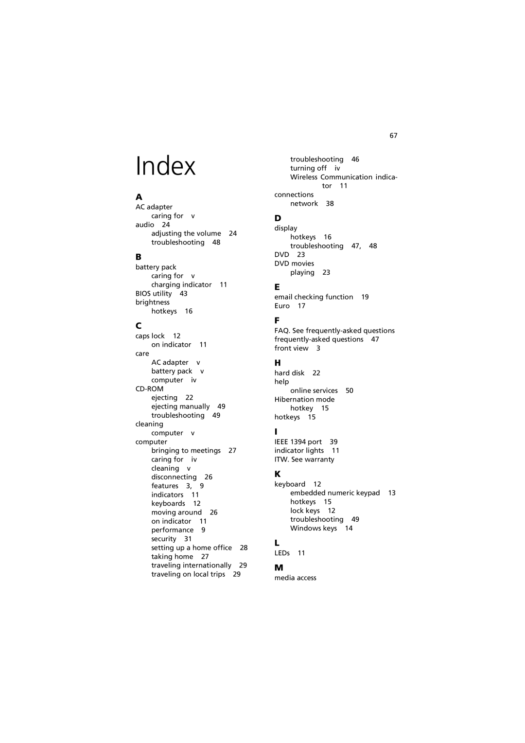 Acer 270 manual Index 